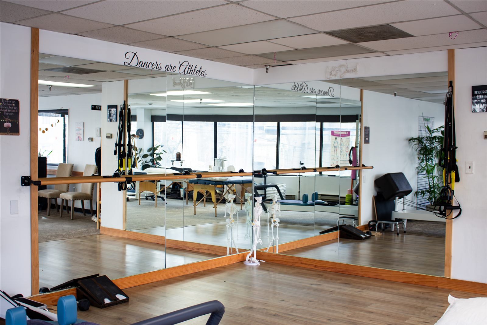 Jersey City ballet barre area with skeleton models and reformers