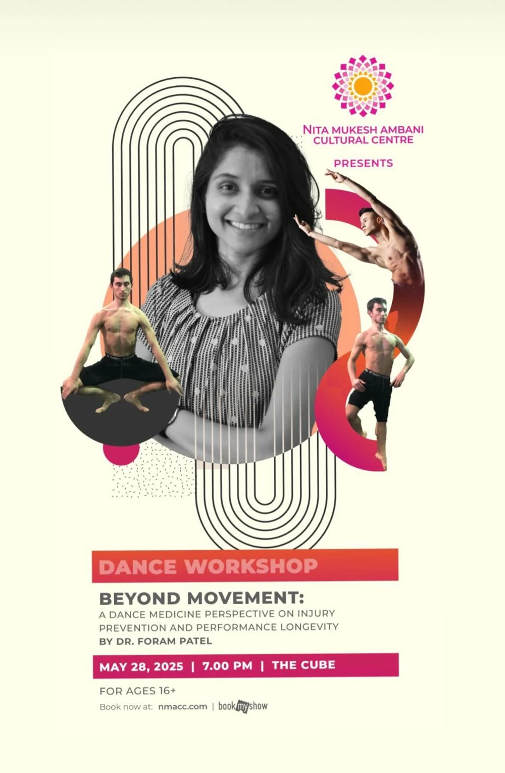 Poster for the dance medicine workshop Beyond Movement by Dr. Foram Patel at the Nita Mukesh Ambani Cultural Centre, May 28, 2025